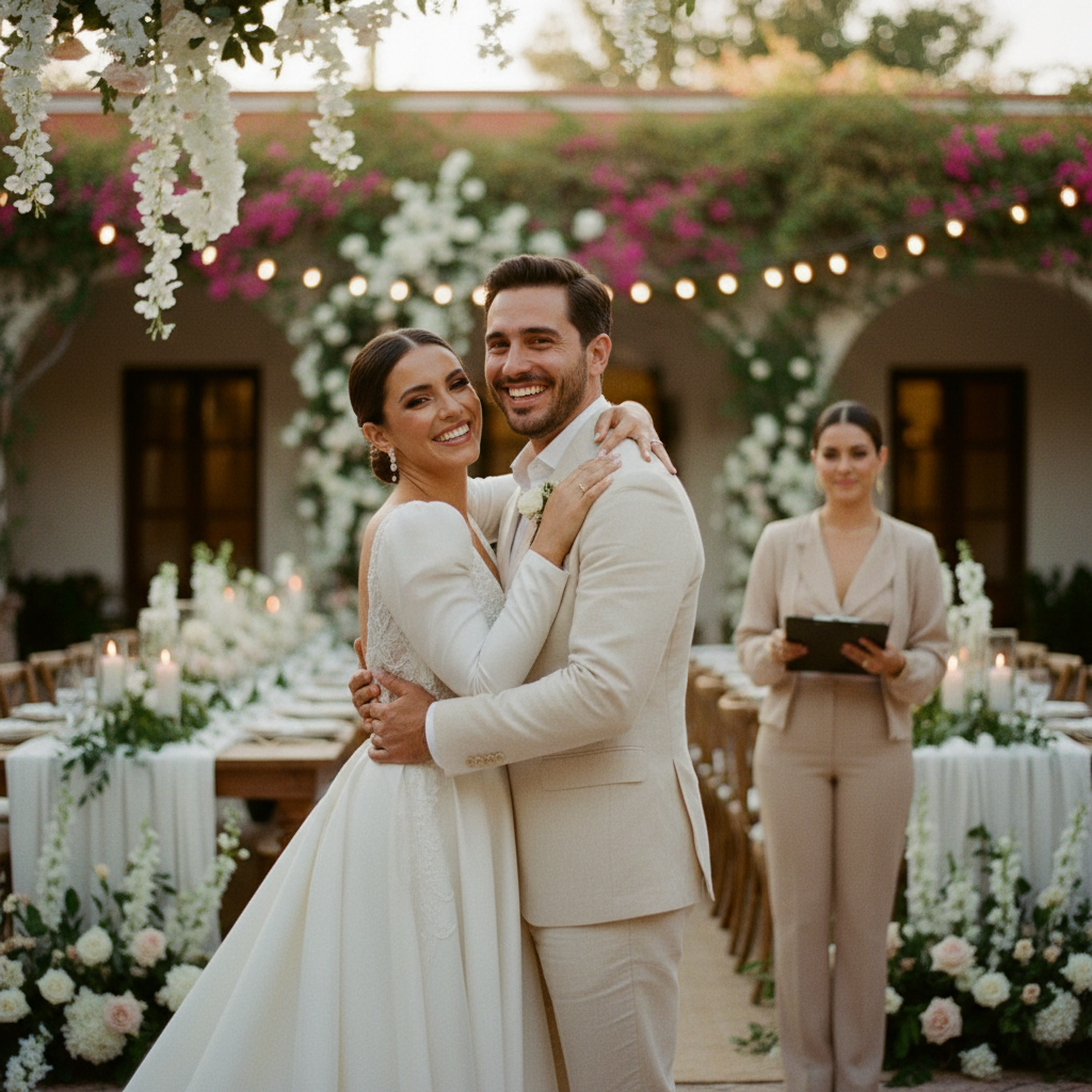 Una pareja de novios sonriendo y relajados en su boda al aire libre en México, con un wedding planner o coordinador de bodas supervisando discretamente al fondo, simbolizando una organización perfecta y sin estrés.