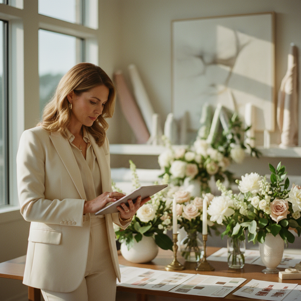 Una Wedding Planner profesional revisando una tablet con una paleta de colores y moodboard, en una oficina elegante y moderna con muestras de telas y flores al fondo.