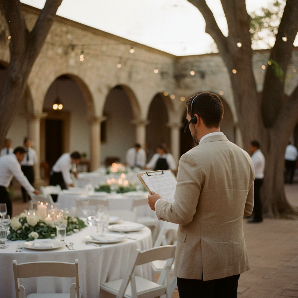 Un Coordinador de Bodas con un walkie-talkie y un clipboard, supervisando discretamente el montaje de mesas en una elegante hacienda de Querétaro.