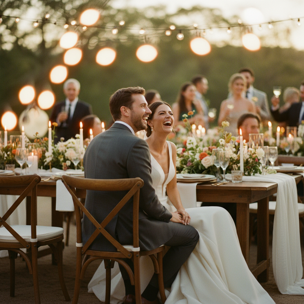 Una pareja de novios sonriendo relajadamente durante su cena de boda, con luces de verbena desenfocadas en el fondo, sabiendo que un profesional está manejando todo.