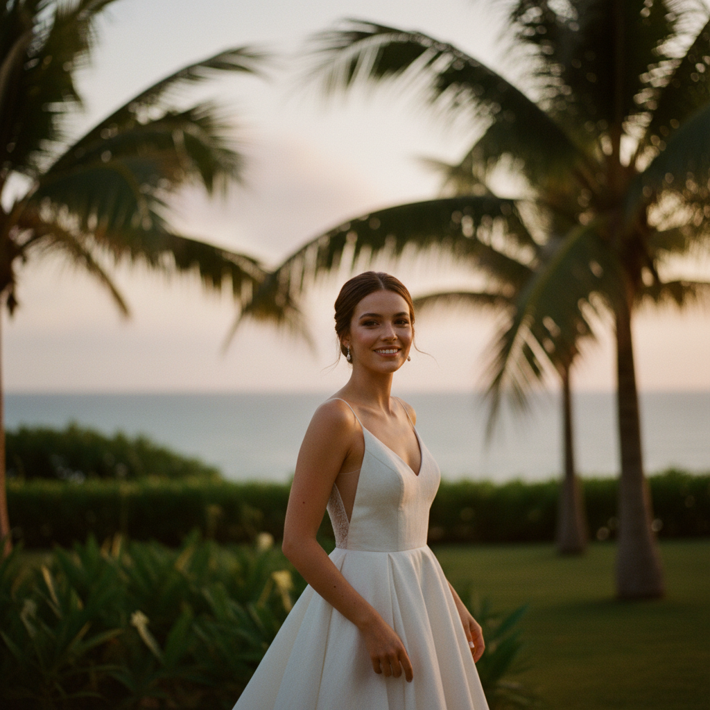 Novia sonriente con vestido de lino fluido en una boda al aire libre en la Riviera Maya, bajo un cielo soleado.