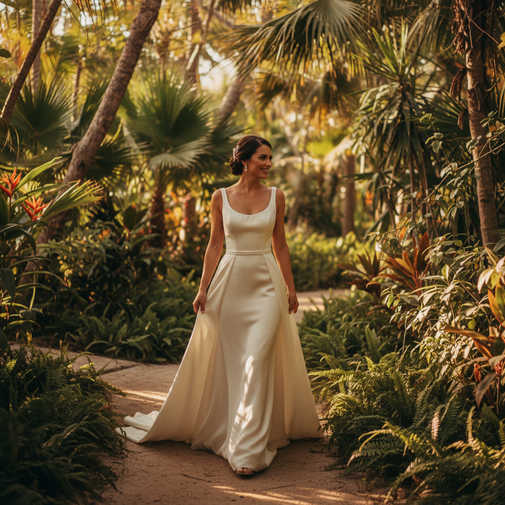 Una novia con un vestido de corte imperio de crepé de seda camina por un jardín tropical en la Riviera Maya.