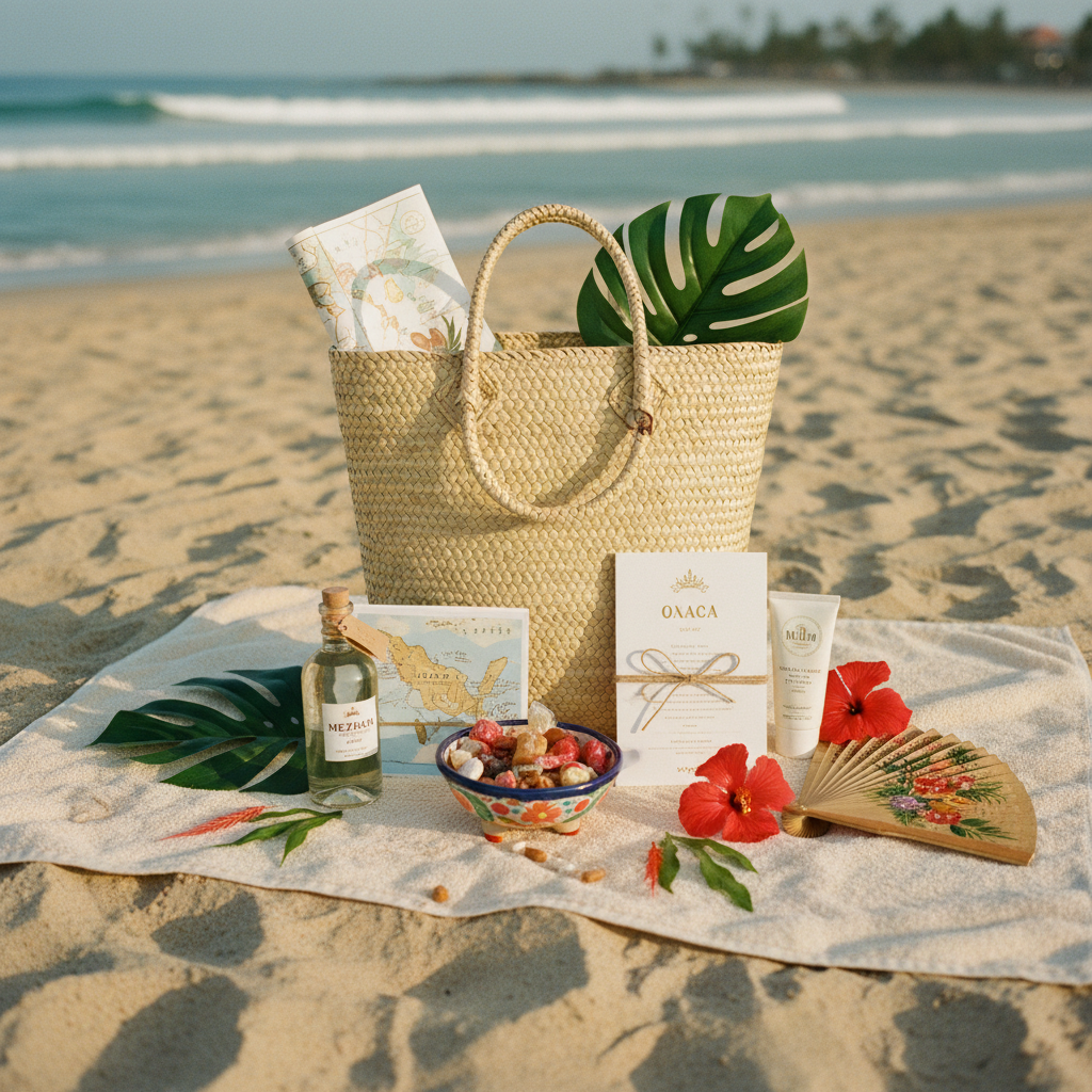 Vista aérea de una welcome bag de boda destino con productos locales mexicanos como tequila pequeño, dulces típicos, un mapa y un programa en una canasta artesanal sobre una toalla de playa.