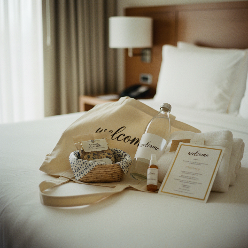 Fotografía editorial de una welcome bag de boda cuidadosamente armada sobre una cama de hotel, con una botella de agua personalizada, un snack local, un itinerario impreso y un pequeño protector solar.