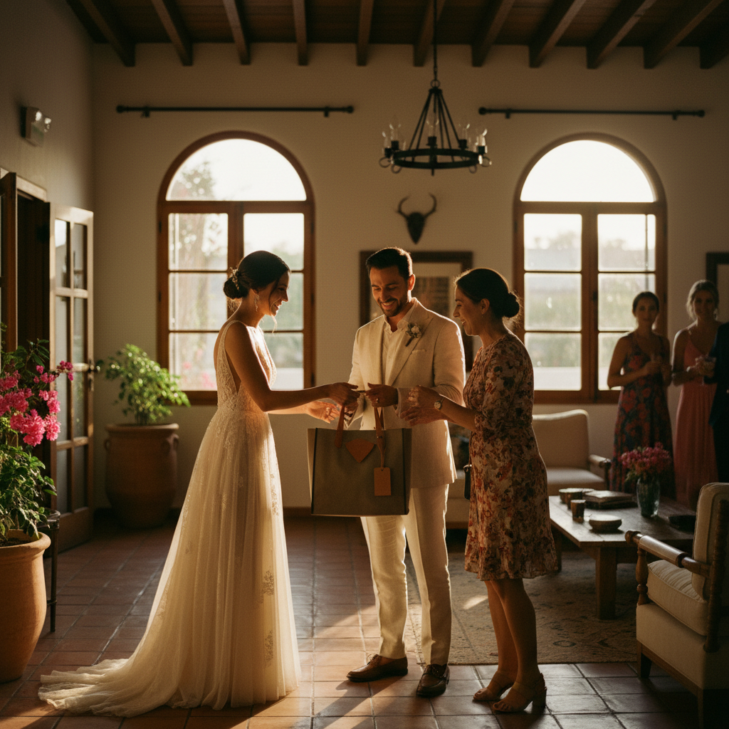 Pareja sonriente de recién casados entregando una welcome bag a un invitado en el lobby de un hotel boutique en San Miguel de Allende.