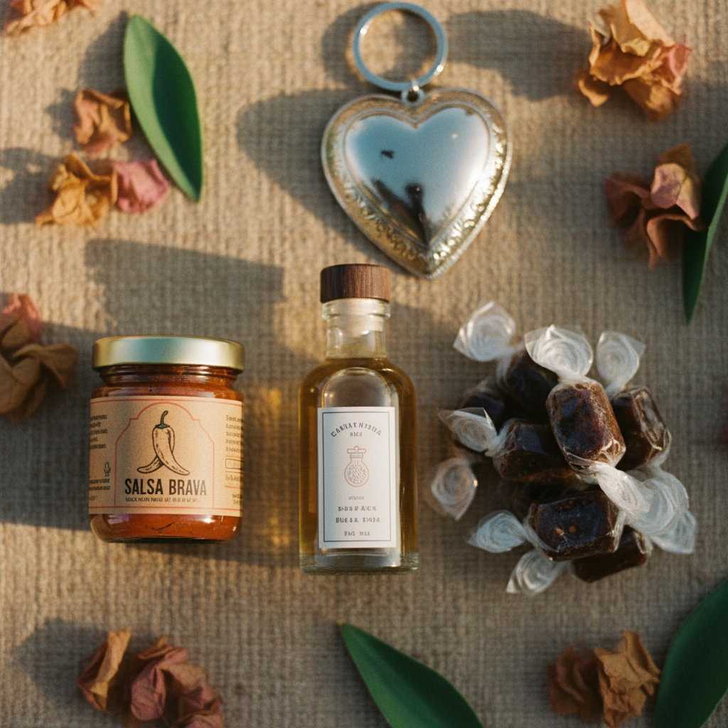 Detalle de productos locales mexicanos arreglados para una welcome bag: una pequeña botella de tequila, un frasco de salsa picante artesanal, dulces de tamarindo y un llavero de corazón de hojalata.