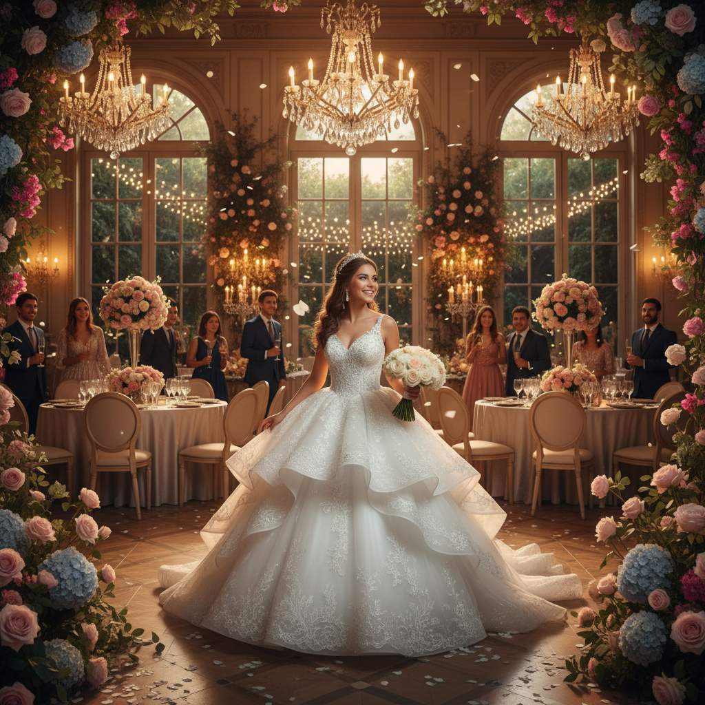 Joven quinceañera mexicana sonriendo, luciendo un hermoso vestido de XV años blanco con detalles bordados en una hacienda elegantemente decorada.