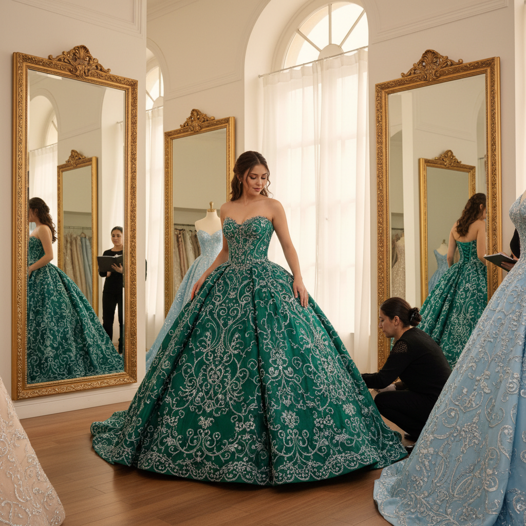 Una quinceañera probándose un vestido de XV años color esmeralda con intrincados bordados plateados en un atelier de alta costura.