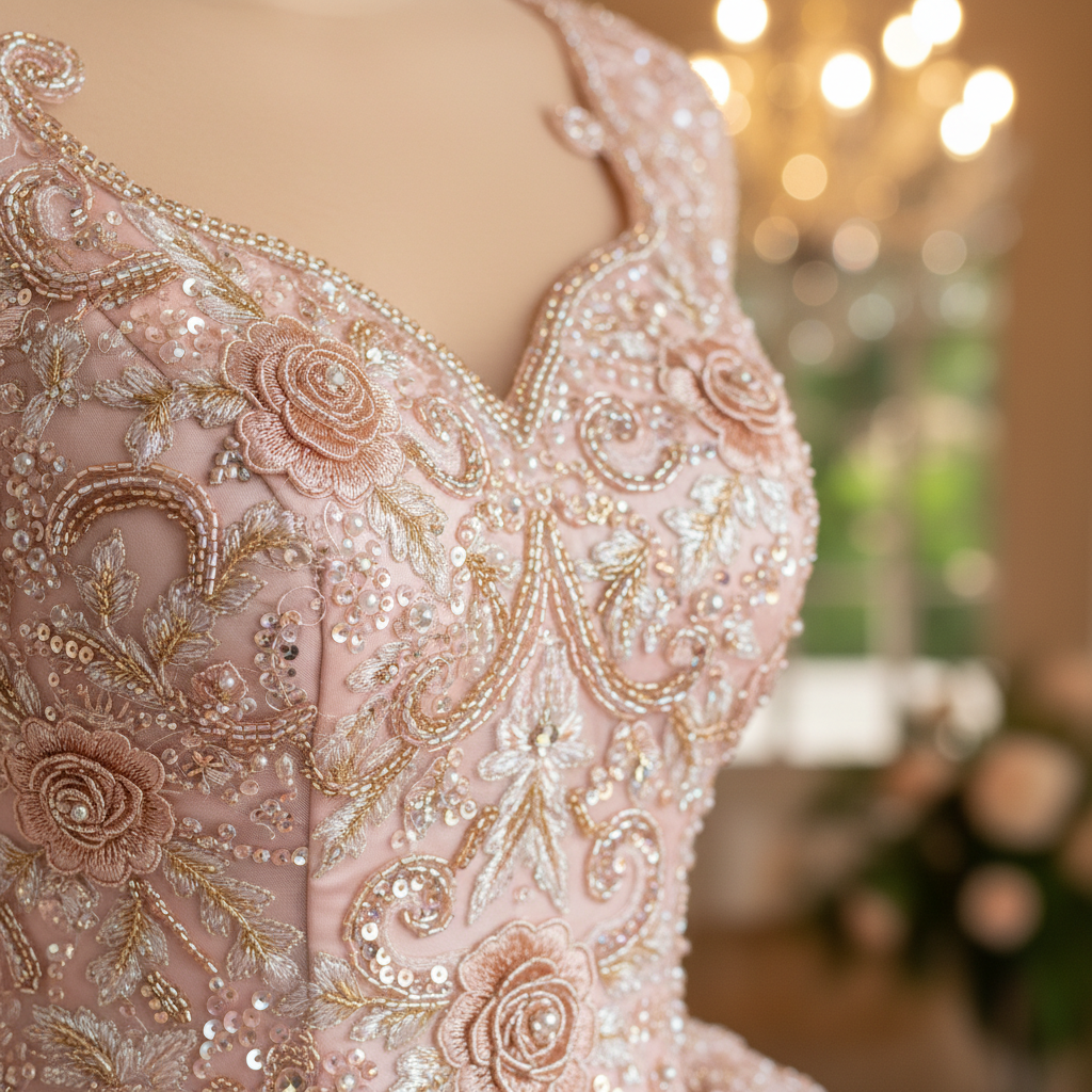 Detalle de cerca de la pedrería y bordado en el corsé de un vestido de XV años color rosa pálido, mostrando la artesanía y calidad de los materiales.