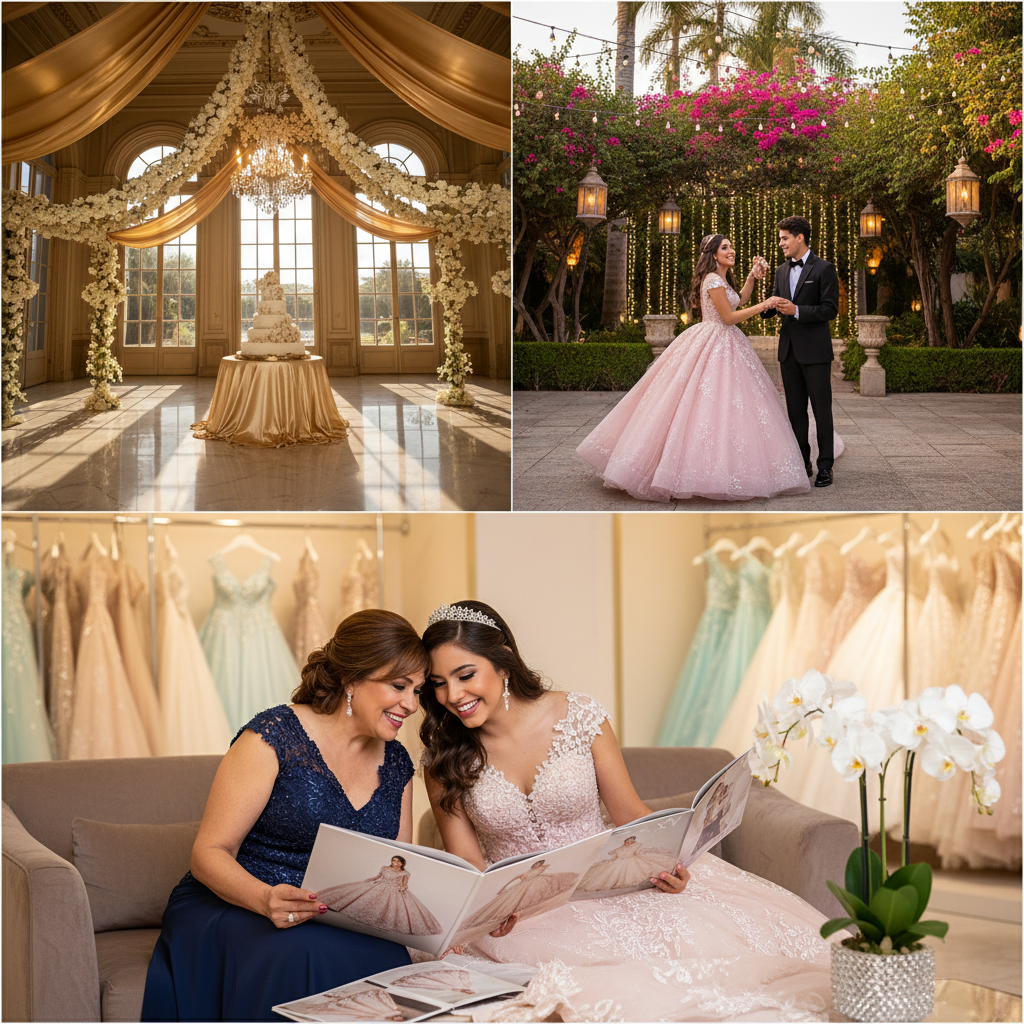 Una madre y su hija quinceañera sonriendo mientras miran catálogos de vestidos de XV años en una boutique elegante y luminosa.