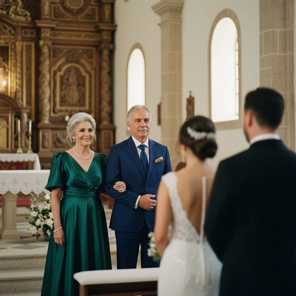 Una pareja de padrinos de velación elegantemente vestidos en una boda católica mexicana, con los novios al fondo.
