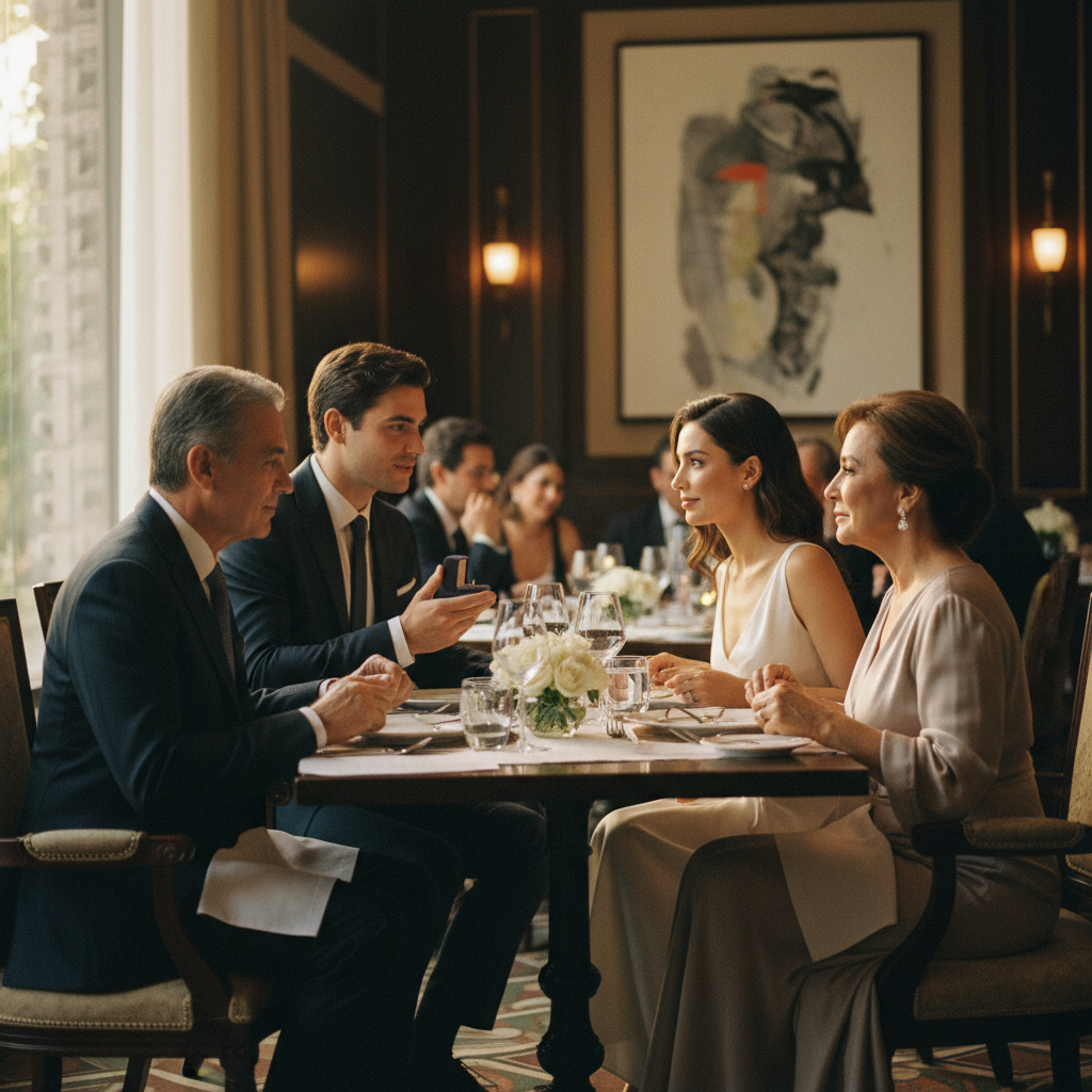 Pareja de novios cenando con una pareja mayor, pidiéndoles que sean sus padrinos de velación.