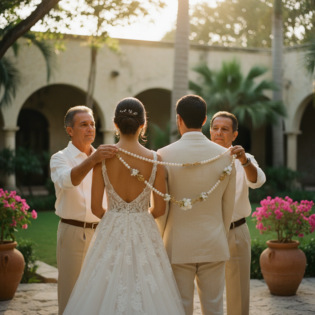 Padrinos de lazo colocando el lazo sobre los novios.