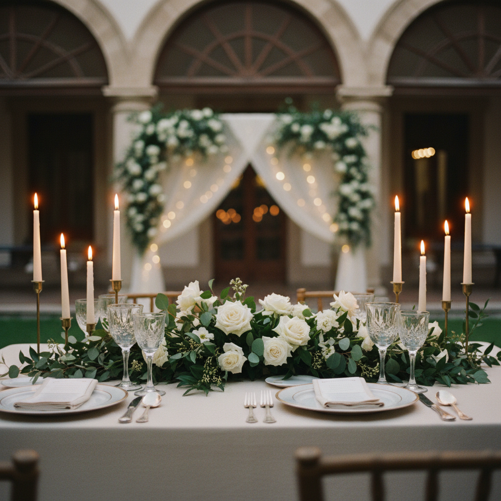 Decoración de mesa principal para boda con flores y velas en patio mexicano