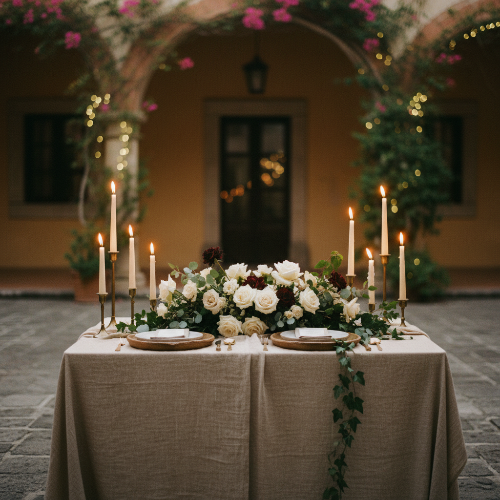 Decoración de mesa principal para boda con montaje sweetheart en jardín mexicano