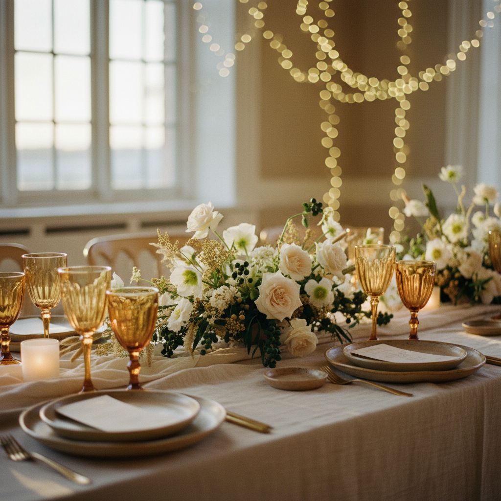 Detalle de cristalería y diseño floral para mesa presidencial de boda