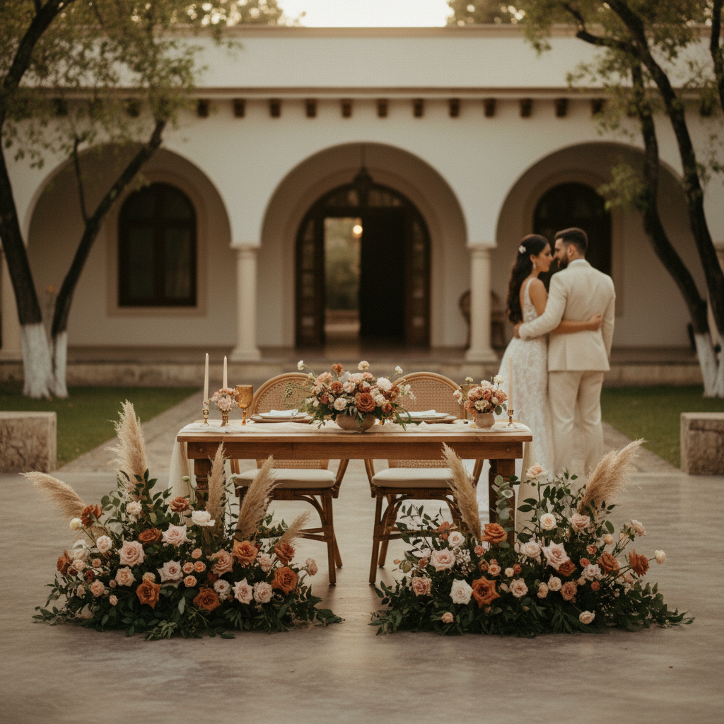 Instalación floral orgánica en el suelo frente a mesa de novios en hacienda