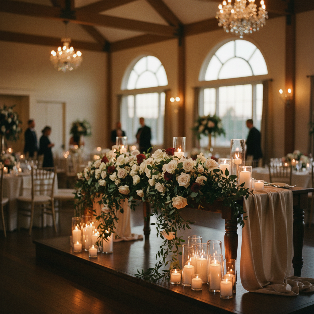 Perspectiva completa de salón de bodas con mesa de honor iluminada