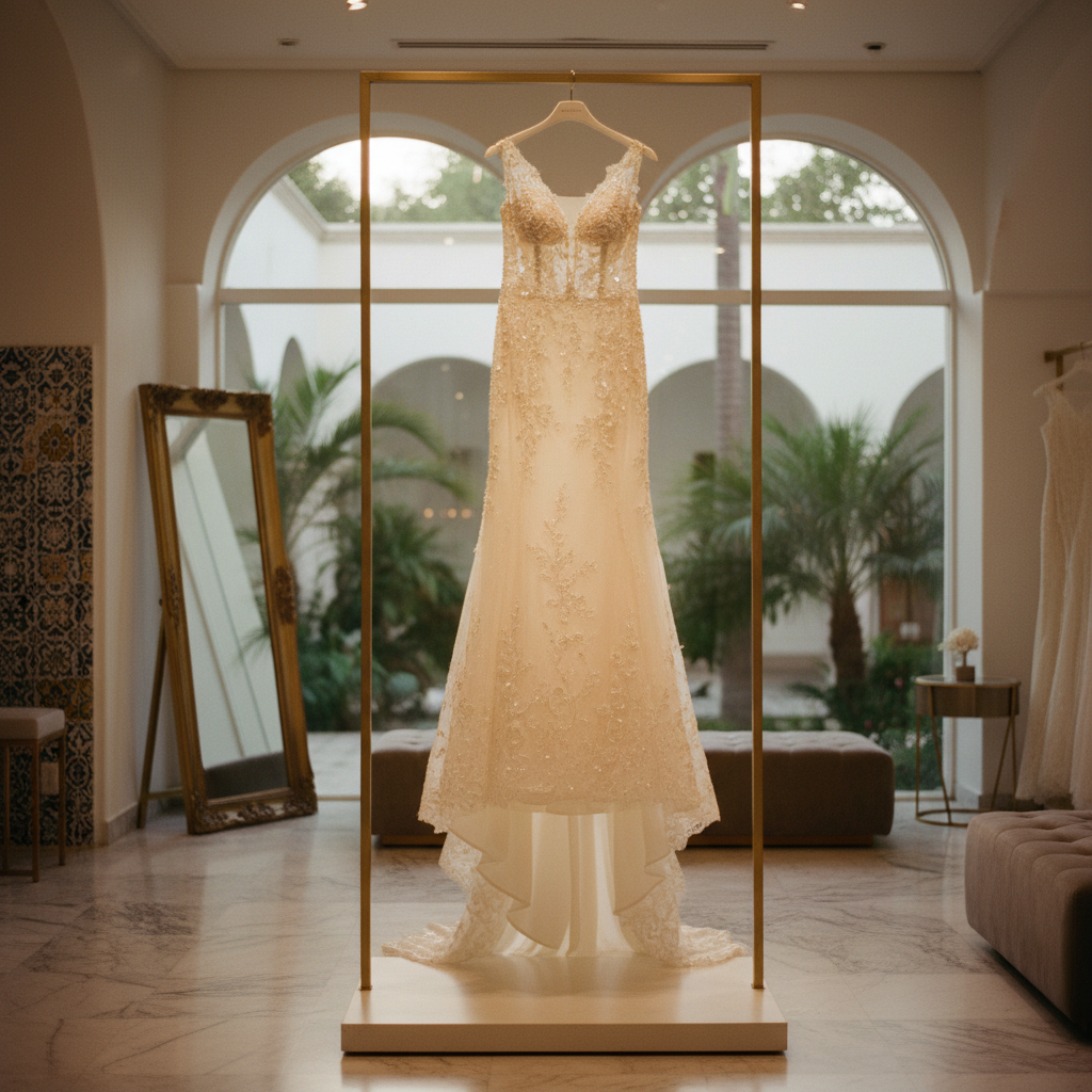 Exquisito vestido de novia de diseñador colgado en un perchero, con detalles de encaje y pedrería, en un showroom de lujo en México.