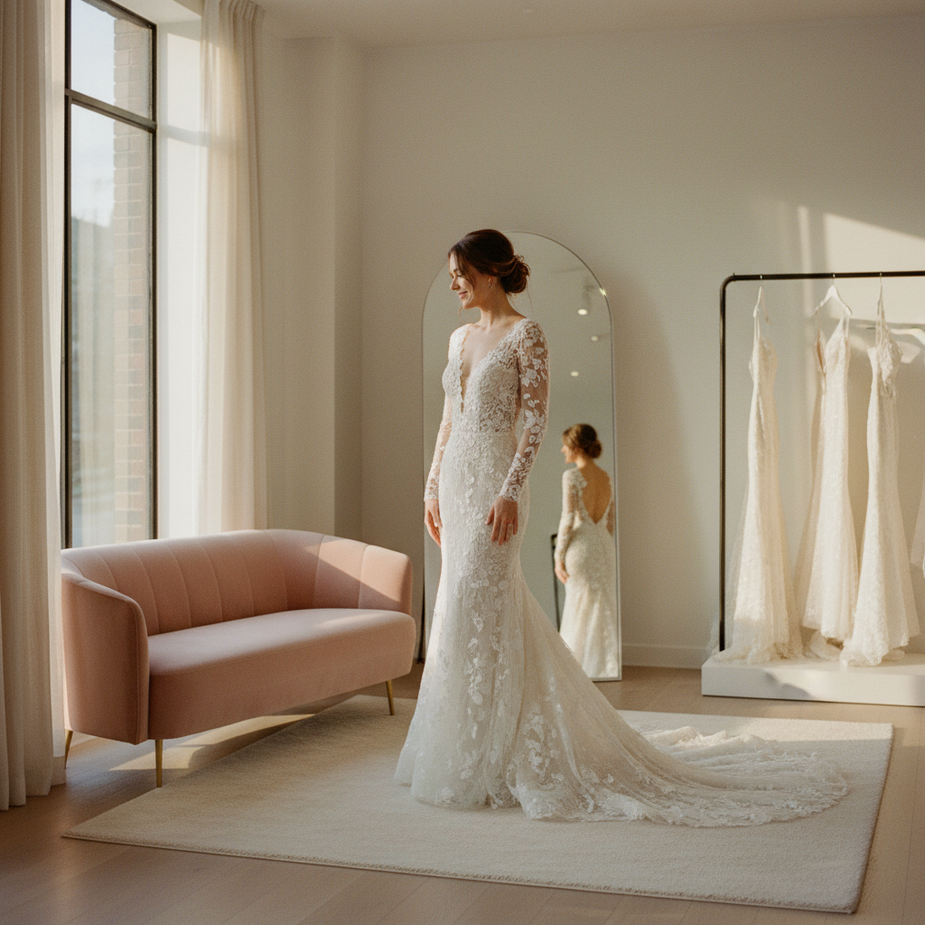 Novia probándose un vestido de diseñador para saber cuánto cuesta en México