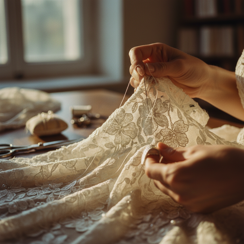 Detalle de los ajustes de un vestido de novia de diseñador