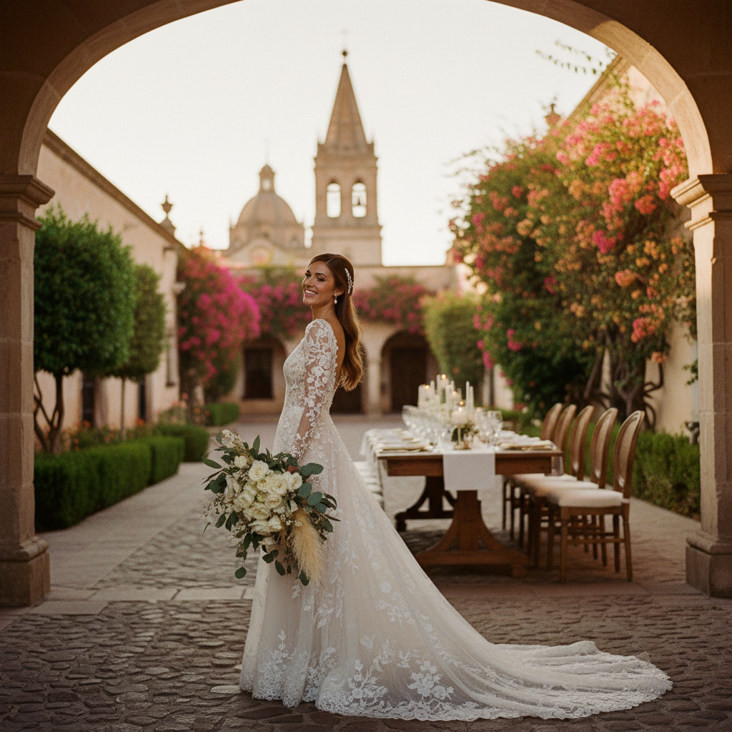 Novia sonriendo con su vestido de novia de diseñador ya puesto el día de la boda