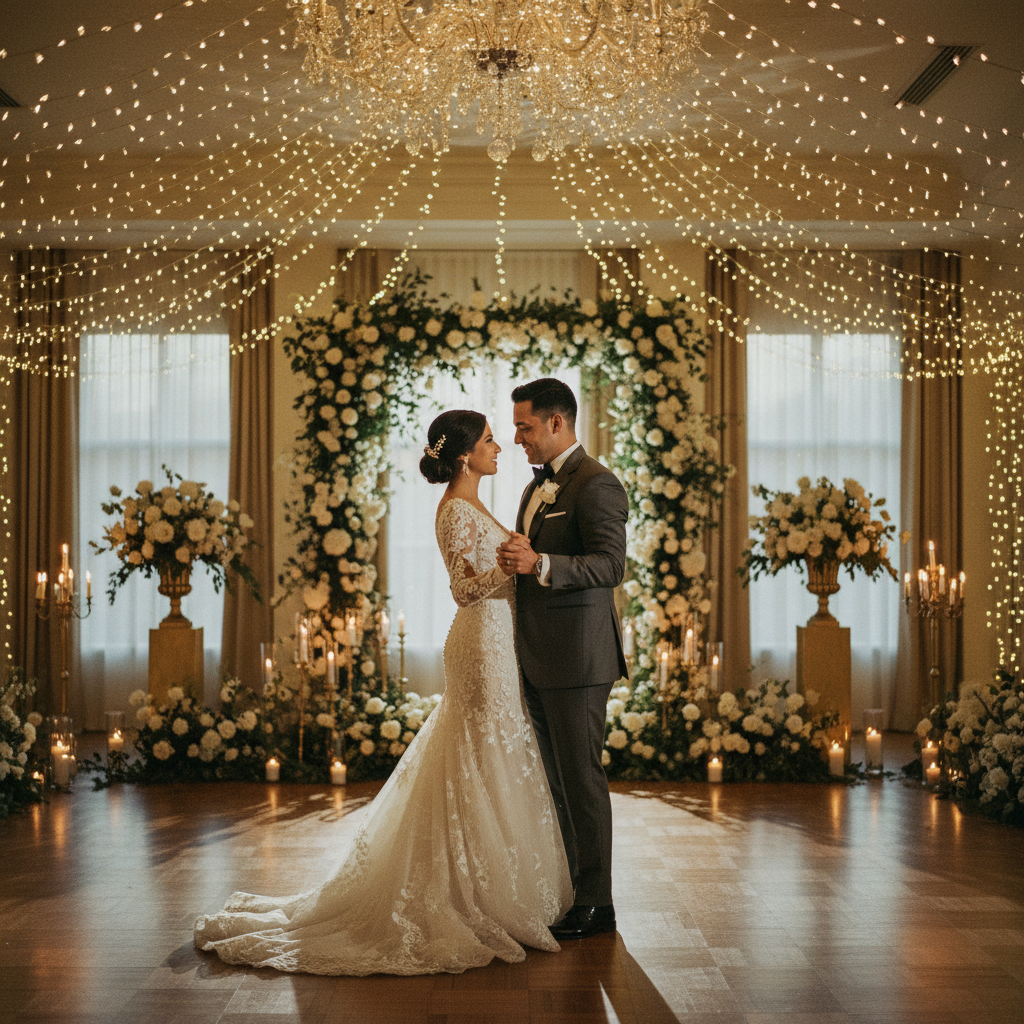 Pareja de recién casados bailando en la pista de baile con luces de hadas y decoración floral de fondo en una boda elegante en México.