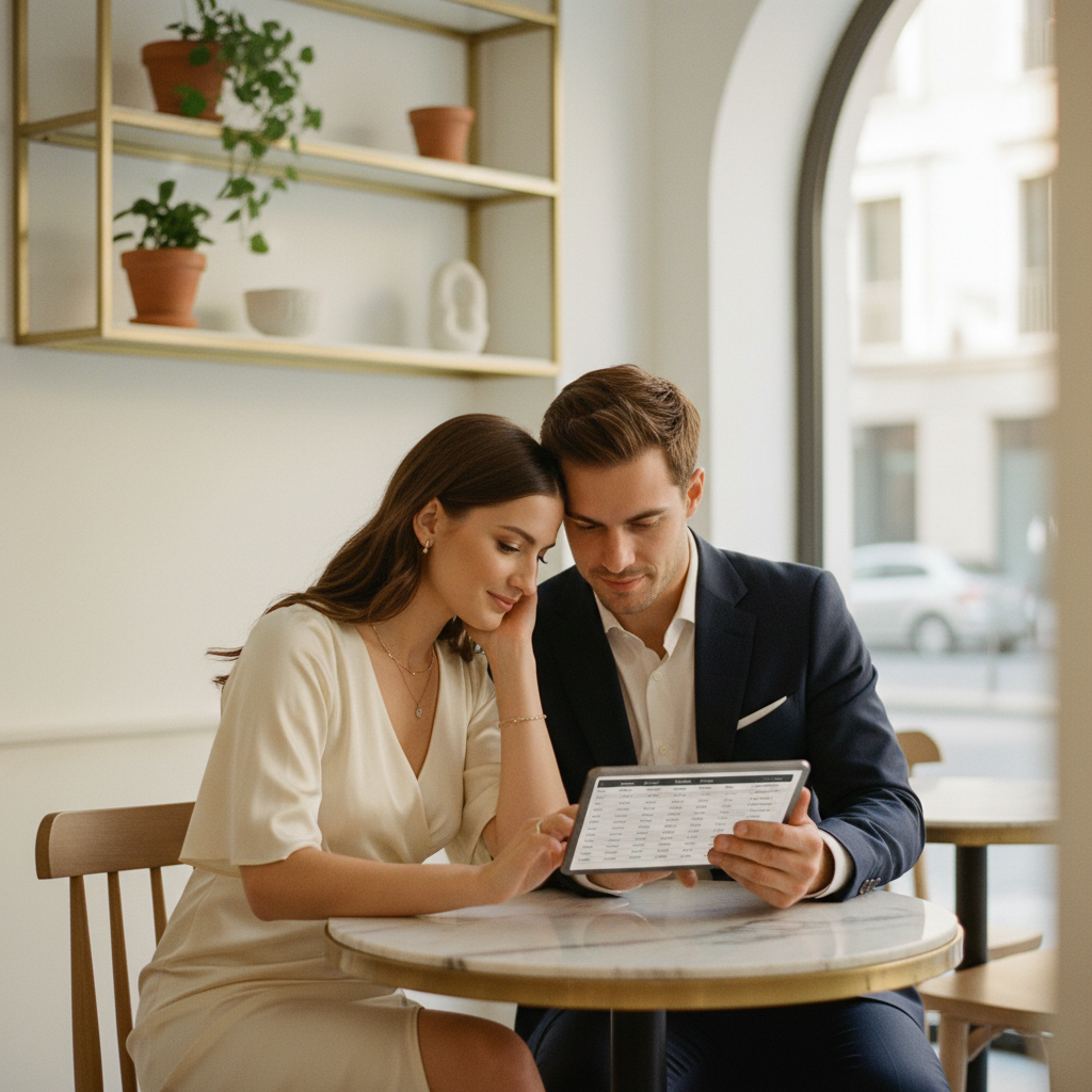 Una pareja moderna y elegante revisando el presupuesto de su boda en una tablet, sentados en un café con estilo en la colonia Roma.