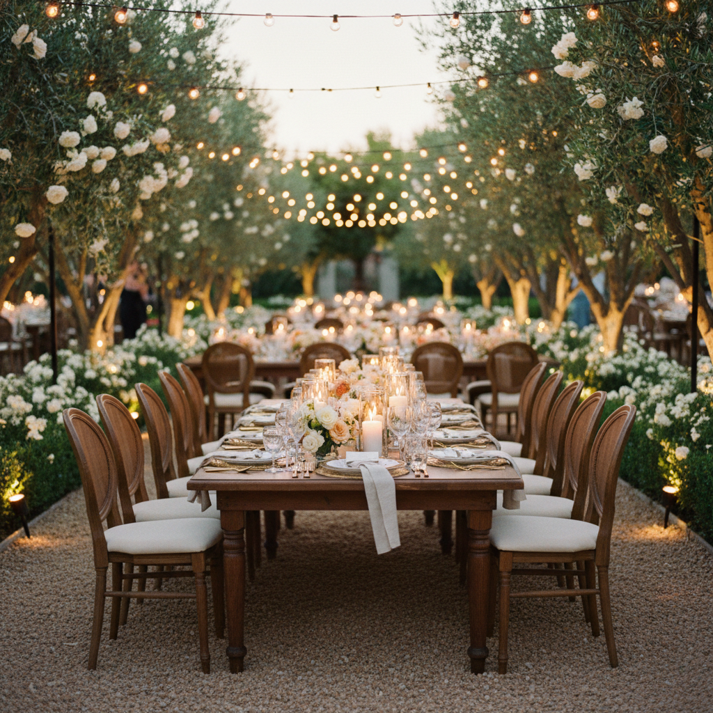 Una mesa de recepción de boda elegantemente montada para 100 personas en un jardín exuberante, con centros de mesa florales, velas y una iluminación cálida.