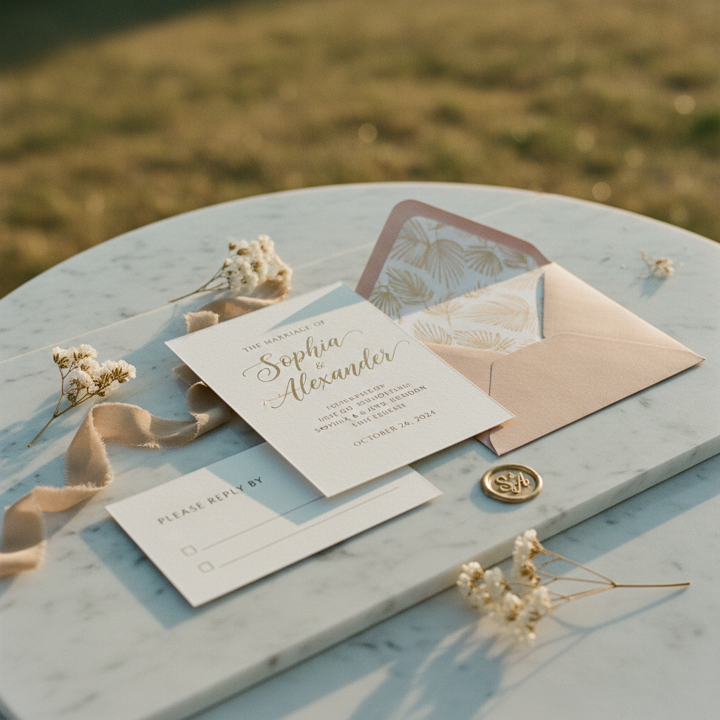 Un flat lay de papelería de boda de alta calidad, incluyendo una invitación principal, una tarjeta de RSVP y un sobre con forro, sobre una superficie de mármol.
