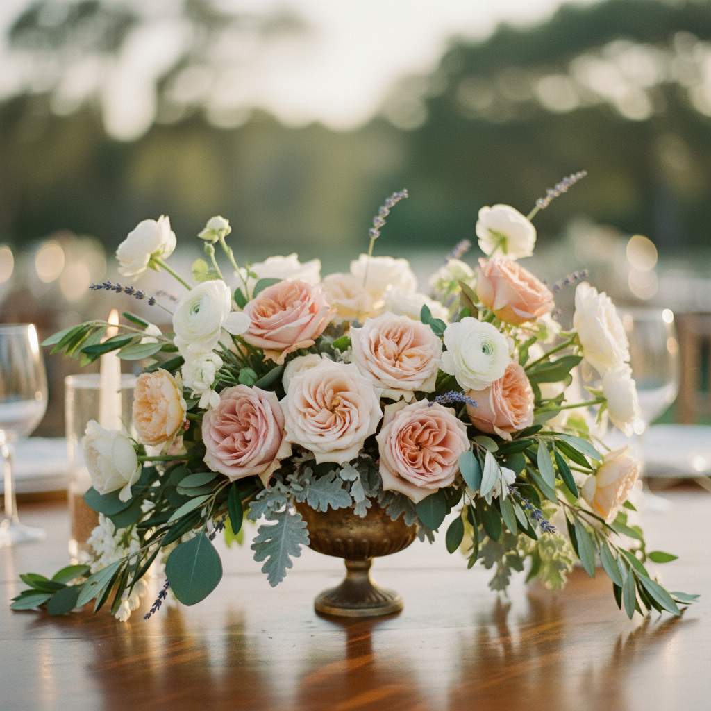 Un primer plano detallado de un centro de mesa floral de boda, con una mezcla de rosas, eucalipto y otras flores de temporada, mostrando textura y profundidad.