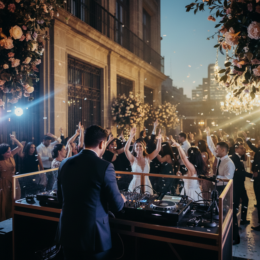 DJ profesional en su cabina mezclando música en una boda elegante en la Ciudad de México, con luces ambientales coloridas. La pista de baile está animada con parejas bailando.
