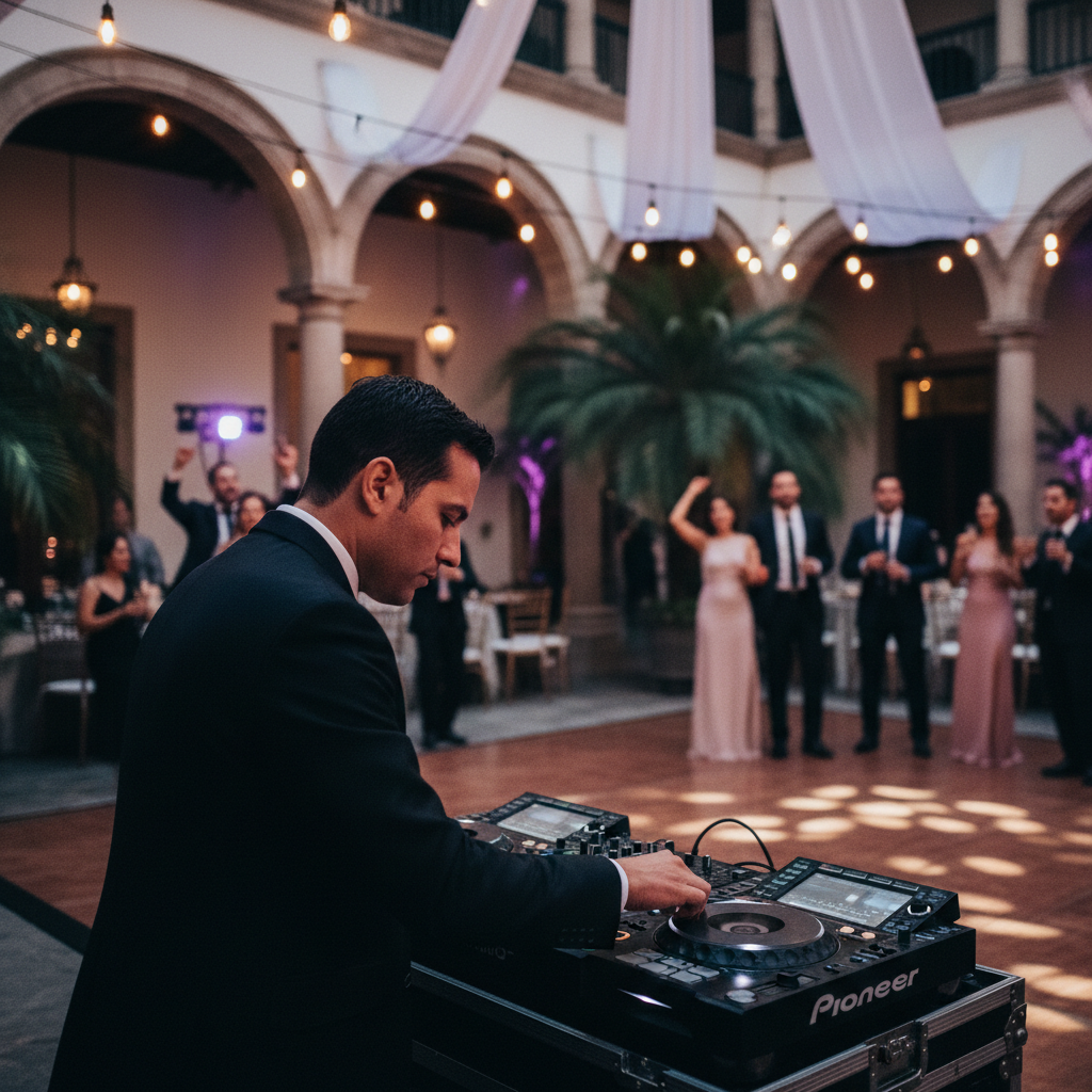 alt: DJ profesional ajustando su mezcladora en una boda elegante en la CDMX, con iluminación ambiental colorida. La keyword es "cuanto cuesta un dj de boda en cdmx".