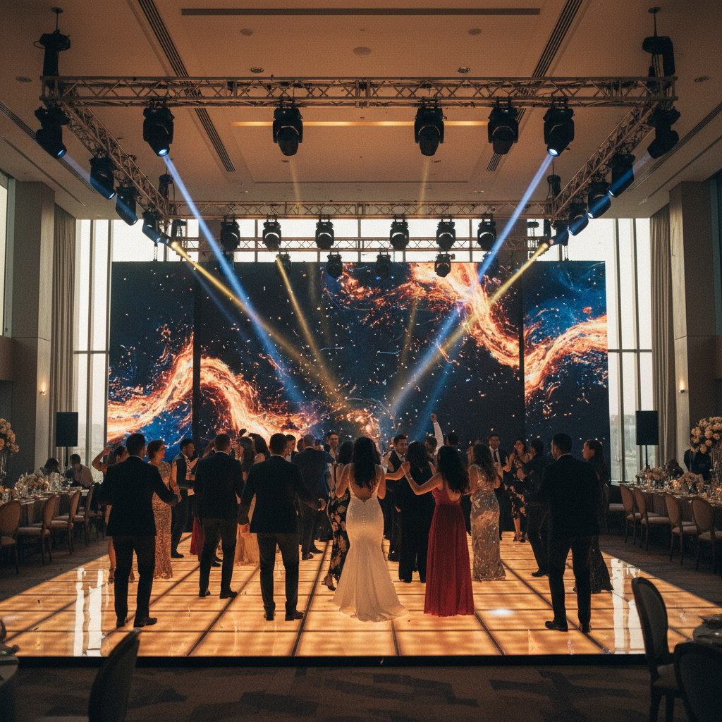 alt: Pista de baile iluminada en una boda en un salón de la Ciudad de México, con luces robóticas y una pantalla LED mostrando visuales abstractos.