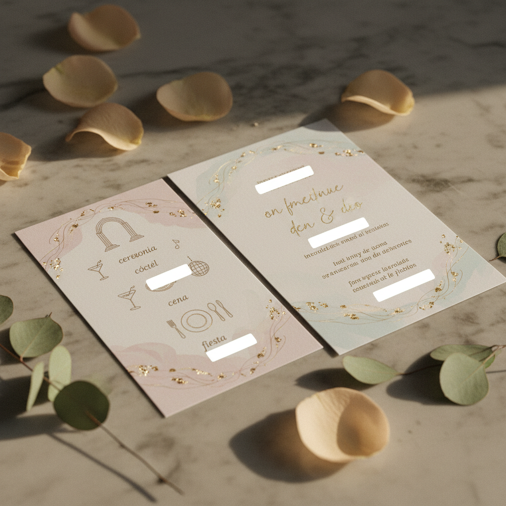 Tarjeta elegante de timeline de boda con íconos de ceremonia, cóctel, cena y fiesta, junto a una invitación principal.