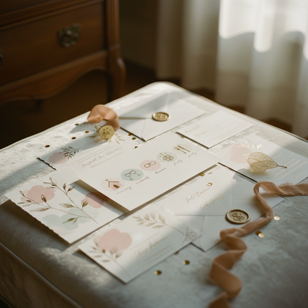 Una tarjeta con el timeline de una boda junto a la invitación principal.