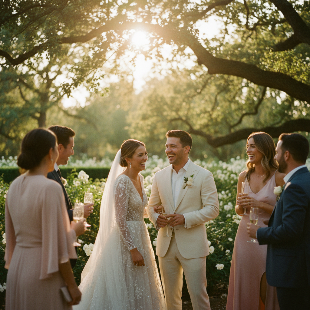 Una pareja de novios ríe con sus invitados durante el coctel de su boda al atardecer.