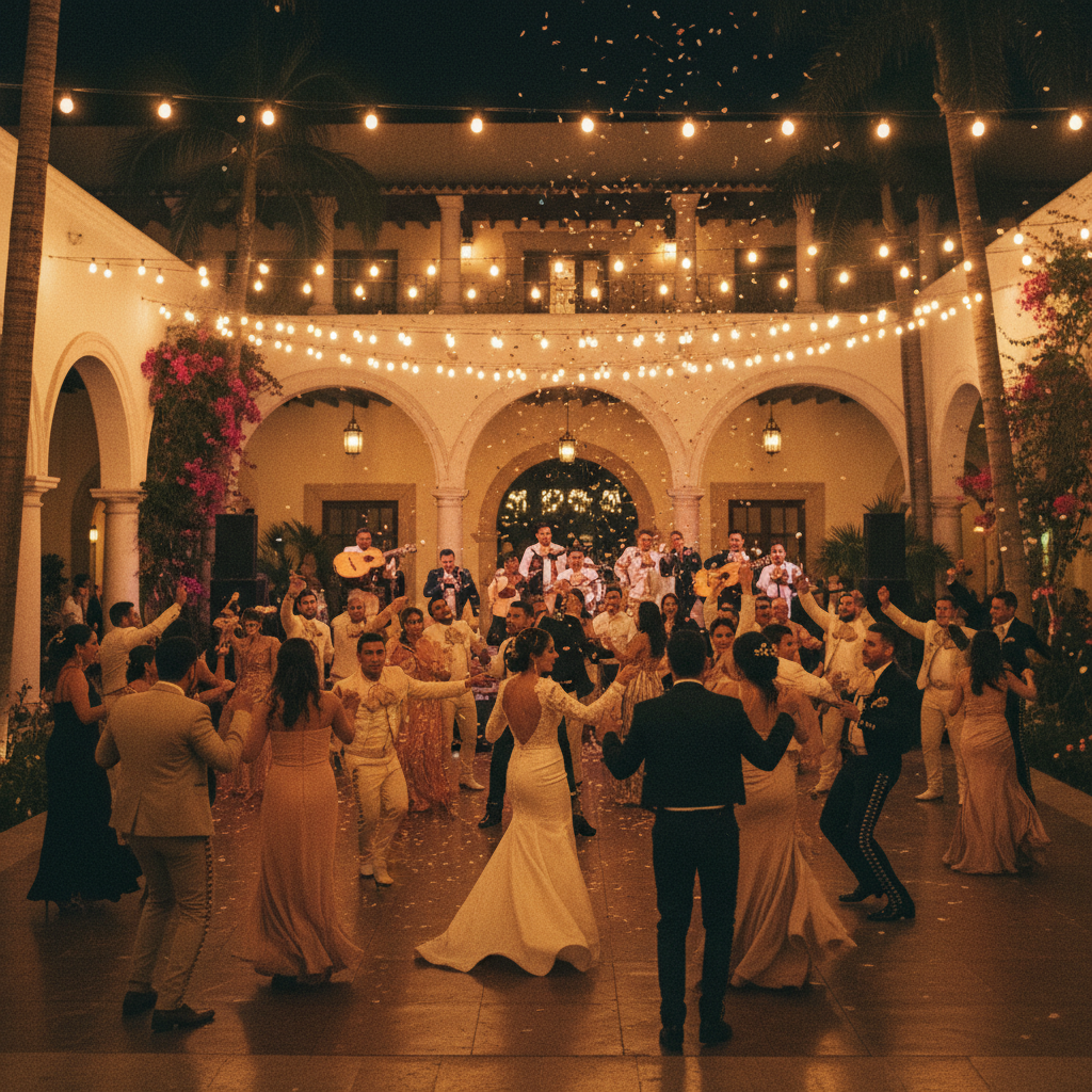 Pista de baile llena en una boda de noche en una hacienda mexicana.