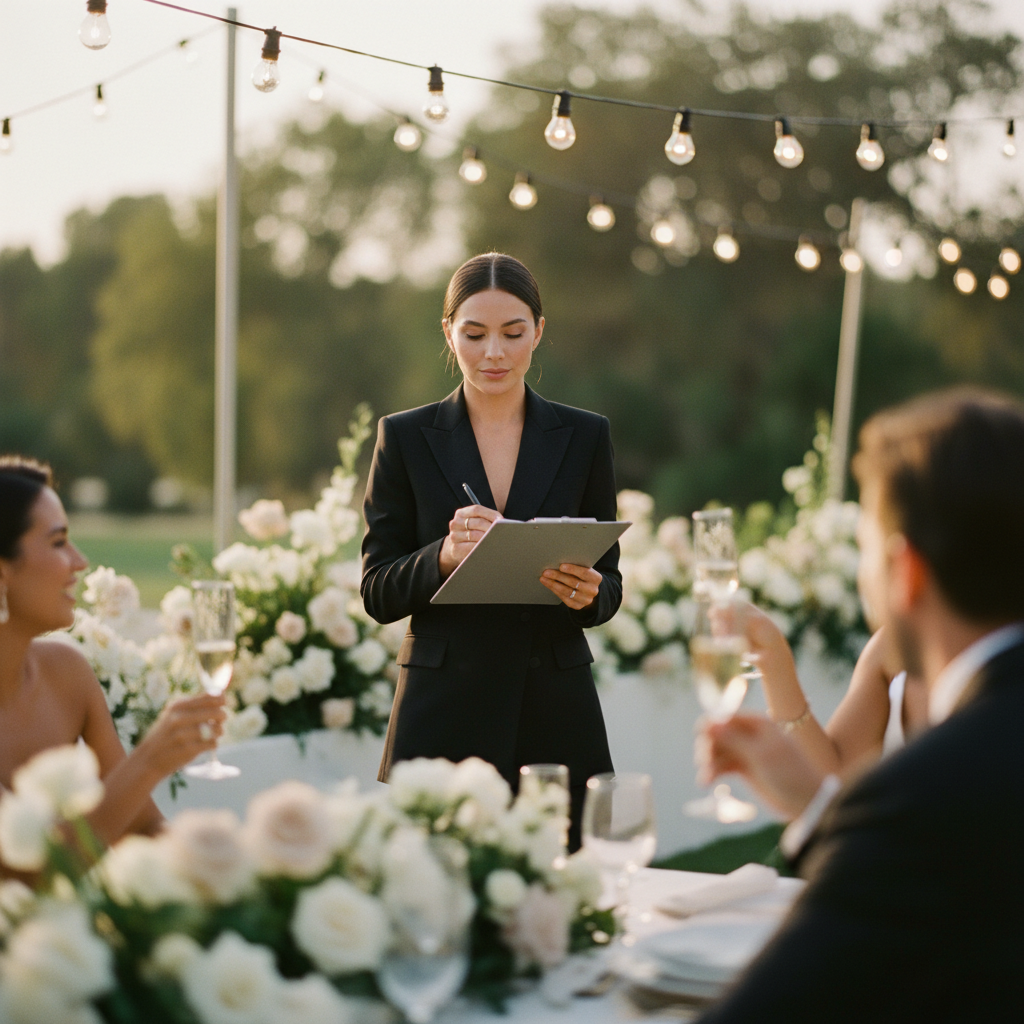 Una wedding planner profesional supervisando discretamente una recepción de boda.