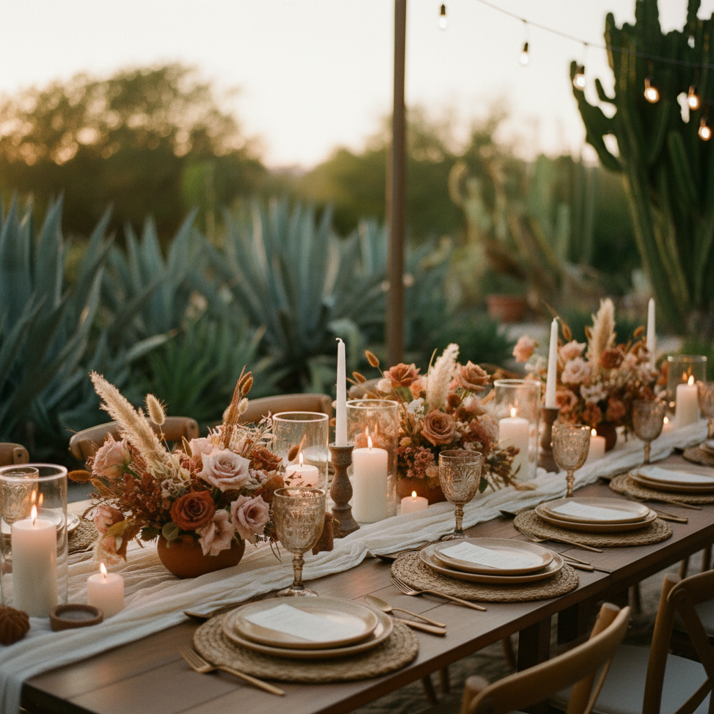 Mesa de boda boho chic en un jardín mexicano, con arreglos florales silvestres, velas, textiles de algodón y detalles de cerámica.