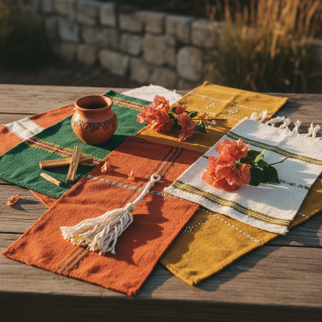 Una paleta de colores de boda boho chic mexicana auténtica con muestras de tela de terracota, verde intenso y amarillo mostaza.