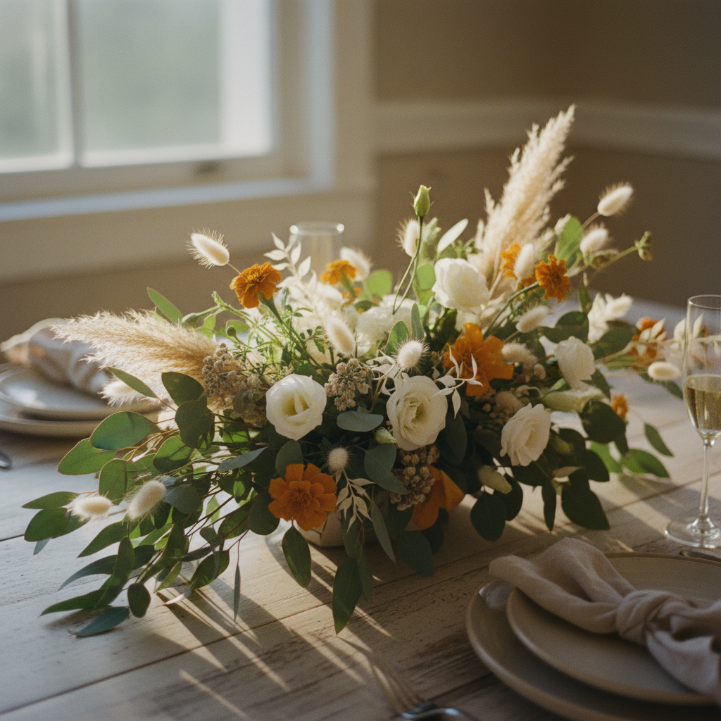 Un impresionante arreglo floral de boda boho chic con eucaliptos, flores secas y sutiles acentos mexicanos.