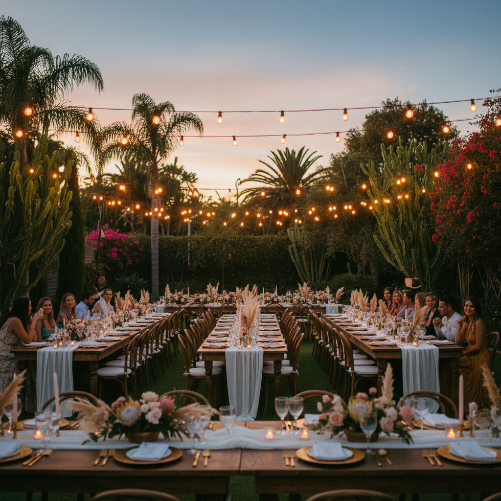 Una recepción de boda boho chic por la noche, con hileras de bombillas de Edison iluminando largas mesas de madera.