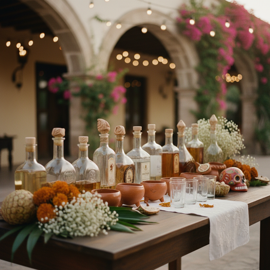 Barra de mezcal elegantemente montada en una boda, con botellas artesanales y copas de mezcal listas para la degustación. Al fondo, una pareja de novios brinda disfrutando del ambiente festivo.