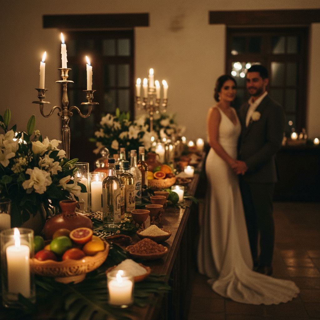 Una elegante mezcalería para boda en México con decoración rústica y velas.