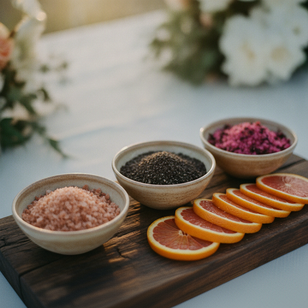 Detalle de sales artesanales y cítricos para una barra de mezcal en una boda.
