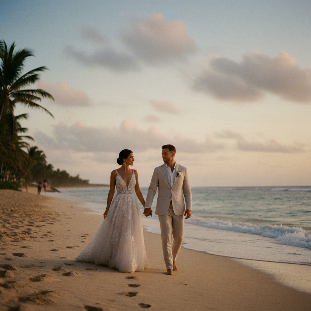 Pareja de recién casados caminando por una playa tropical al atardecer en México, con el sol creando un halo dorado