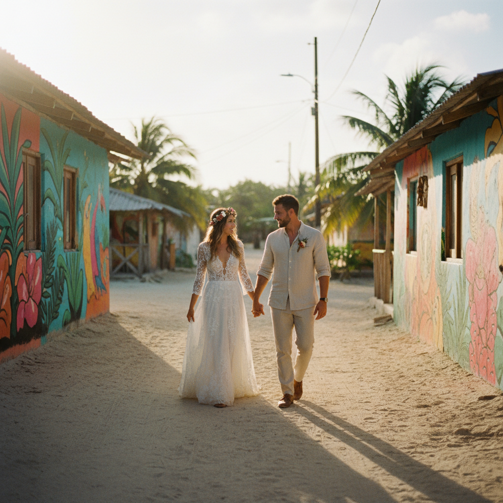 Una pareja joven camina de la mano por una calle de arena en Holbox al atardecer, con coloridos murales en las paredes de las cabañas de madera y una luz dorada y suave.