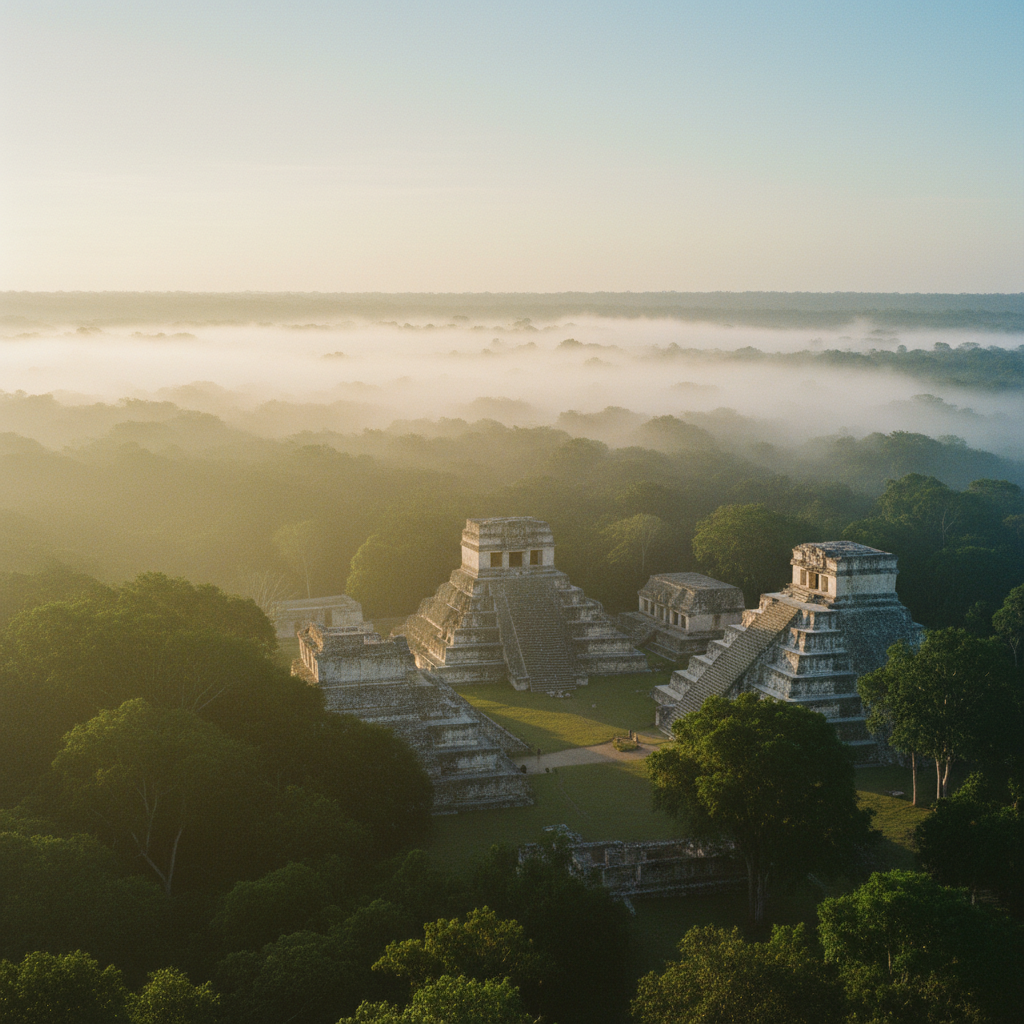 Una vista panorámica de la zona arqueológica de Palenque al amanecer, con la niebla levantándose de la selva y los templos mayas bañados por una luz suave y dorada, sin gente.