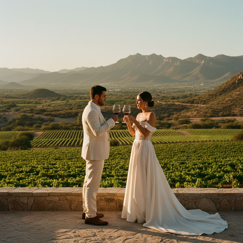 Una pareja comparte una copa de vino en la terraza de un viñedo en Querétaro, con vistas a las vides y el paisaje semidesértico al fondo, bajo una luz cálida de la tarde.